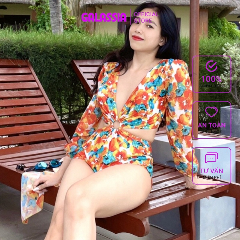 Đồ bơi nữ bikini 1 mảnh nữ liền thân tay dài khoét eo khoen tròn sexy thời trang du lịch cao cấp GALASSIA