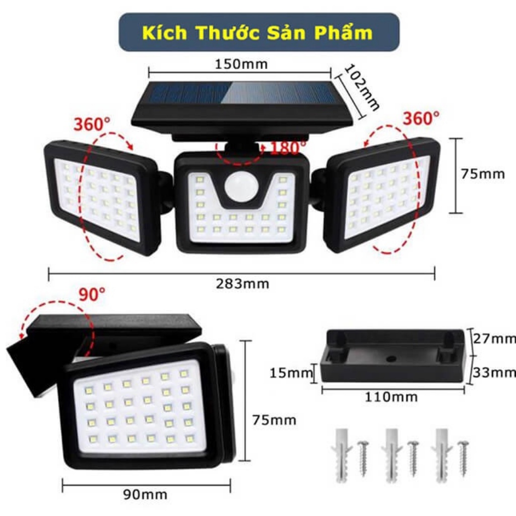 Đèn năng lượng mặt trời 3 mảnh 94 mắt led to công suất 150W siêu sáng mẫu mới 2022, gấp mở gọn gàng,cảm biến thông minh
