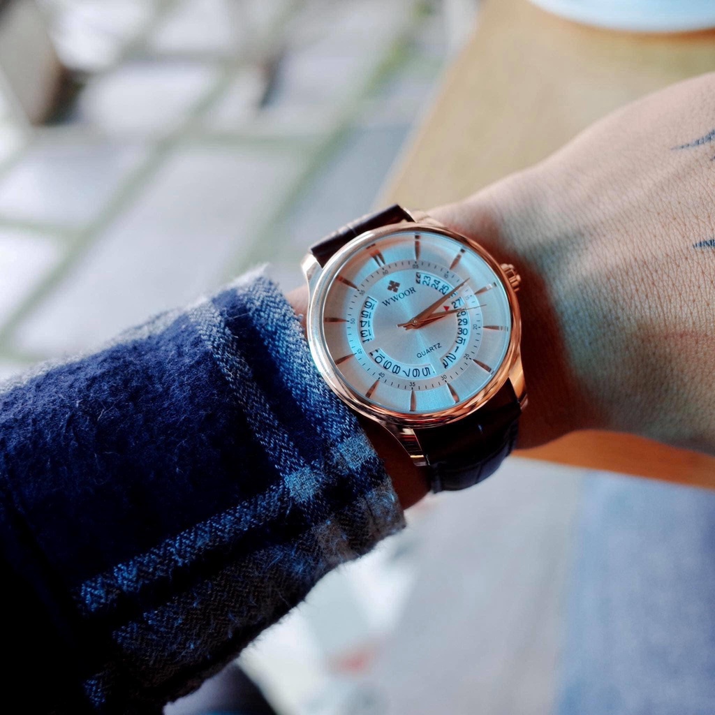 Đồng hồ nam WWOOR sang trọng, dây da chống nước DLW-DR03