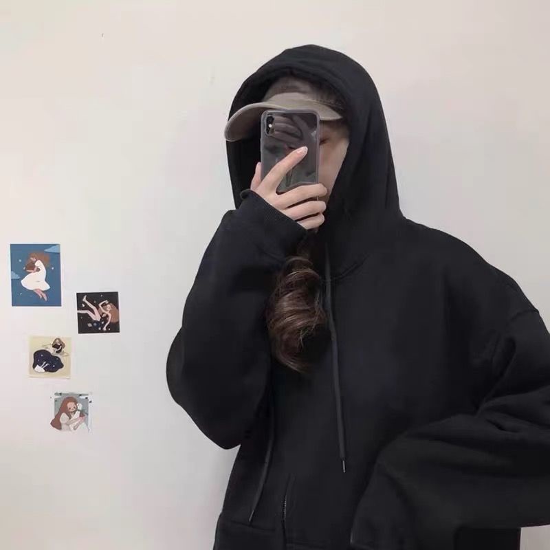 Áo khoác hoodie mỏng dáng rộng phối khóa kéo cá tính cho nữ