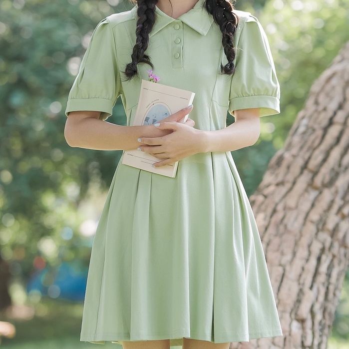 Đầm Cổ Polo Tay Phồng Thiết Kế Trang Nhã Cho Nữ