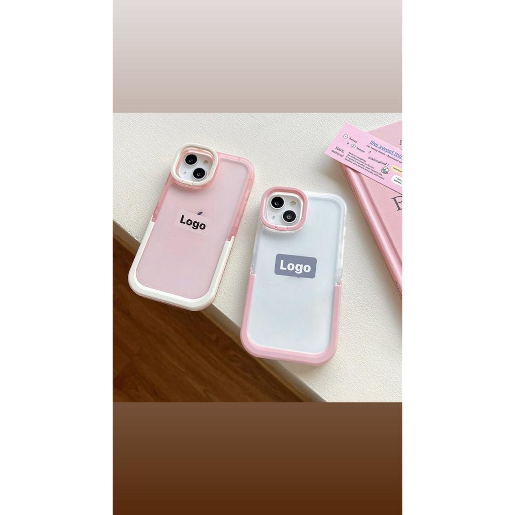 ỐP IPHONE FULL VIỀN TRẮNG HỒNG TRONG SUỐT CÓ GIÁ ĐỠ