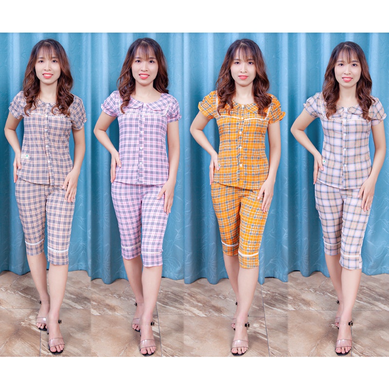 đồ bộ nữ mặc nhà cover bộ lửng kẻ lụa hàn mềm mịn mát mặt hè có video