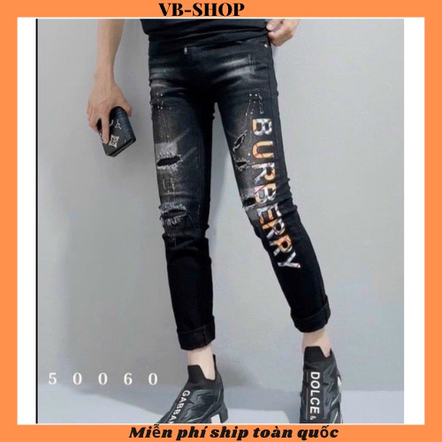 Quần jean nam ống ôm màu xám đậm rách vá cá tính in chữBBR chất bò co giãn bốn chiều thời trang cao cấp VBSHOP50060