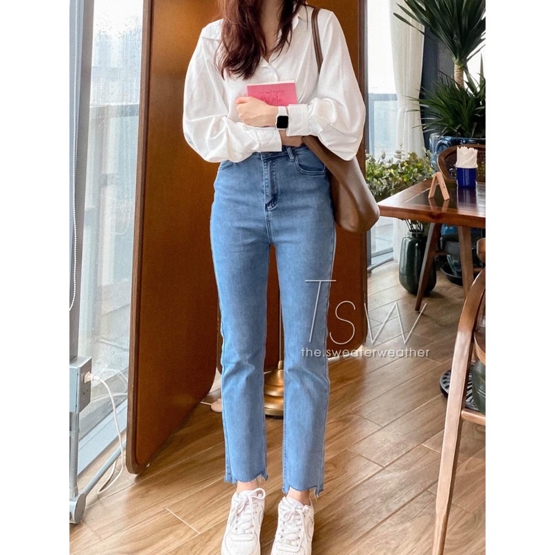 Quần bò suông, quần jeans ống đứng cắt gấu cạp cao có dãn siêu hot
