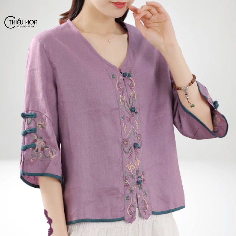 Áo trung niên Thiều Hoa chất liệu Linen có thêu hoa tỉ mỉ, mặc thoải mái Thương Hiệu Thiều Hoa A0206