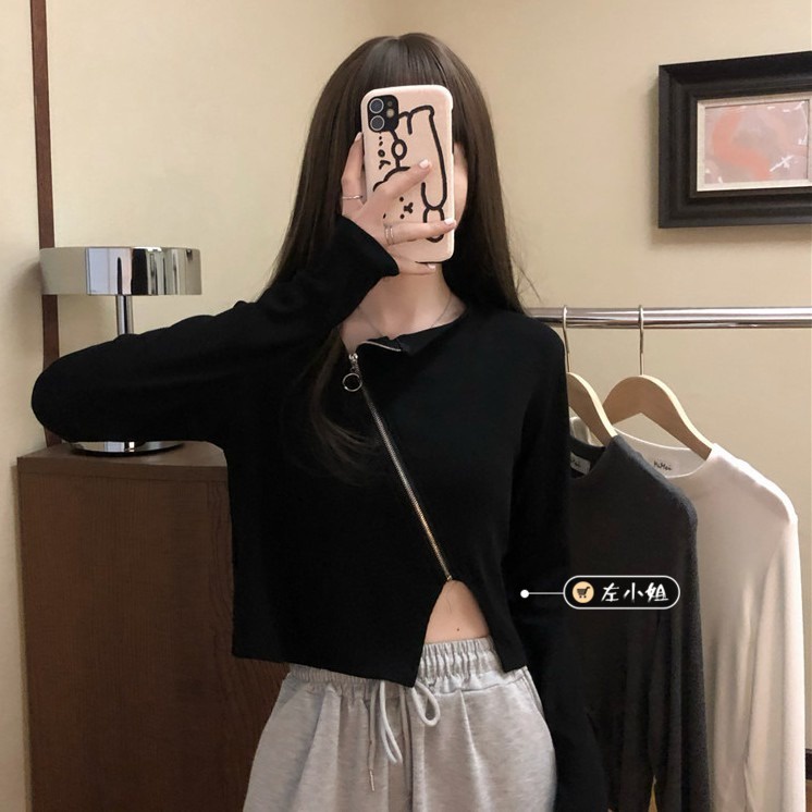 Áo Thun Croptop Kéo Khóa Tay Dài Màu Trơn Co Dãn Phong Cách Hàn Quốc