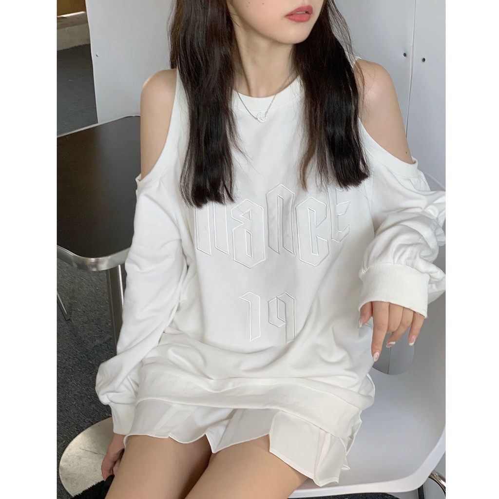 【2021New】Áo sweater mỏng tay dài dáng rộng trễ vai in ba chiều phong cách Hàn Quốc mùa thu mới cho nữ