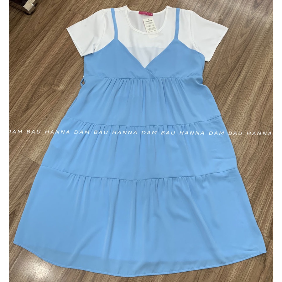 [HANNA] Đầm bầu giả yếm dễ thương cho mẹ trẻ free size 40-75kg với vải chéo mỹ cao cấp thoáng mát mùa hè không nhăn