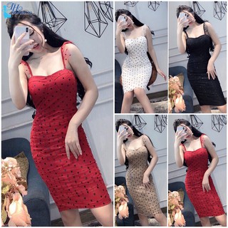 Đầm Ôm Váy Body Nữ Dự Tiệc 2 Dây Chấm Bi Màu Đen Trắng Đỏ Da
