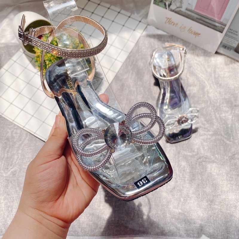 GIÀY SANDAL QUAI TRONG NƠ ĐÁ GÓT VUÔNG TRƠN 3-4p DỄ ĐI