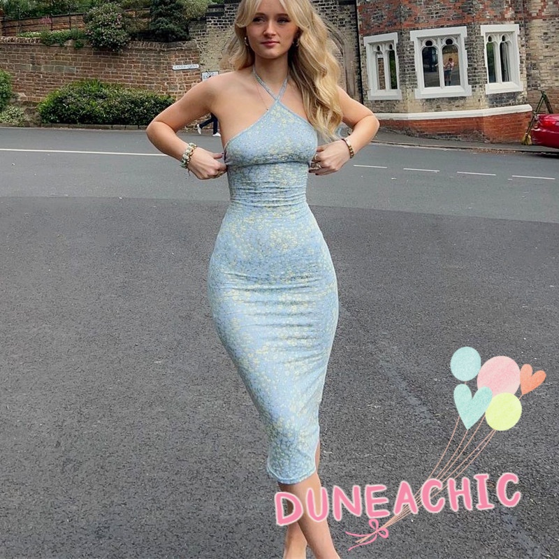 DUNEA Đầm Hai Dây Hở Lưng Họa Tiết Hoa Thời Trang Cho Nữ