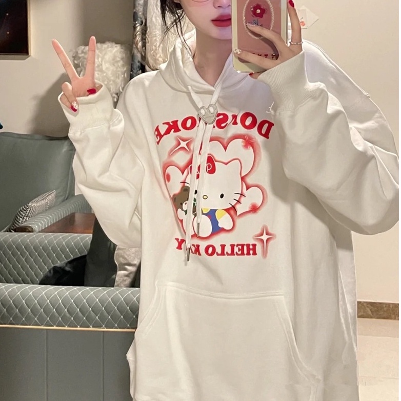 Áo hoodie ZHELIHANGFEI tay dài form rộng theo phong cách Preppy ngọt ngào