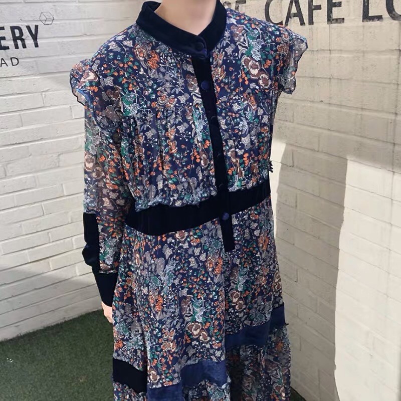 Đầm vintage hiện đại hoạ tiết phối nhung - Đầm đầm hoa dáng dài Hàn Quốc