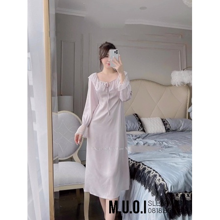 Váy ngủ lụa phối ren bèo tiểu thư tay dài phối cúc bọc xinh MIEMMOC chuẩn hàng QCCC - hàng có sẵn ( video+ảnh thật)