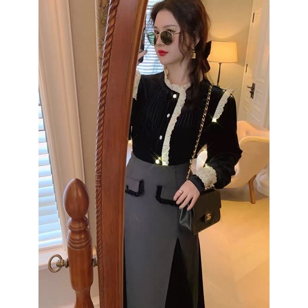 Ao nu/ Áo nhung đen phối cổ tay ren thu đông dành cho nữ