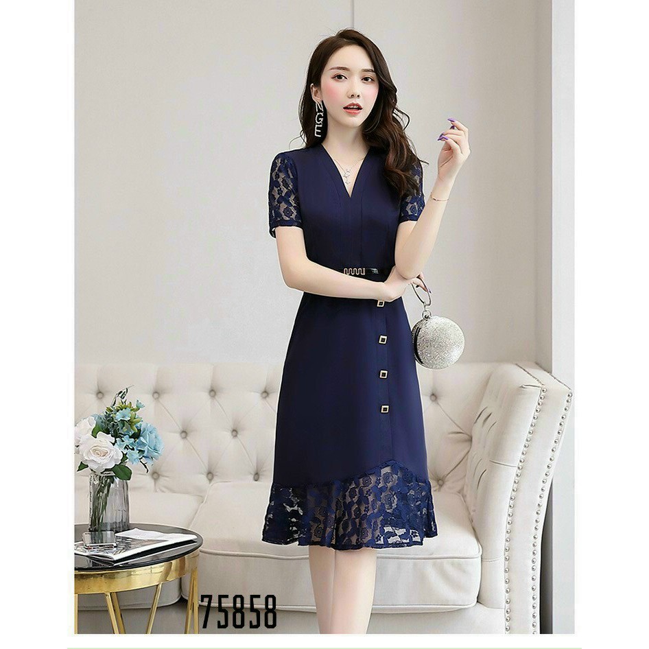 Đầm cổ V phối ren siêu sang