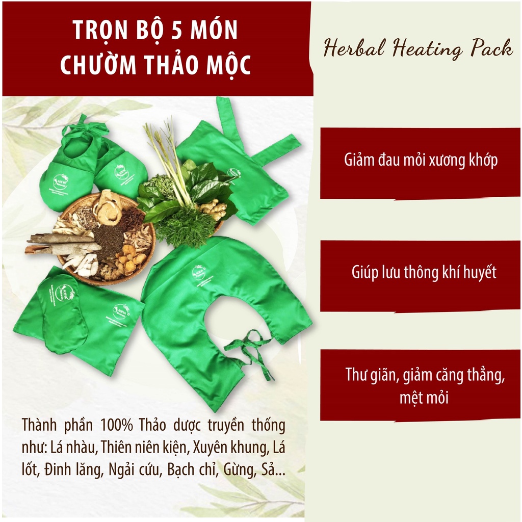 Combo Túi chườm thảo mộc (5 món) - Chườm vai, lưng - bụng, mắt, chân, gối đa năng cho cơ thể thư giãn, thoải mái