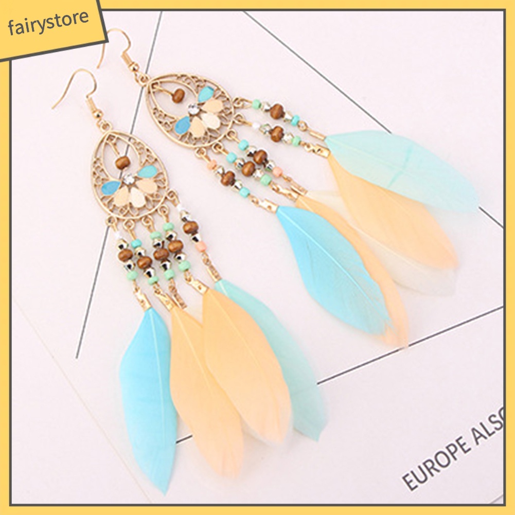 Hoa Tai Dáng Dài Phối Lông Vũ Phong Cách Bohomian