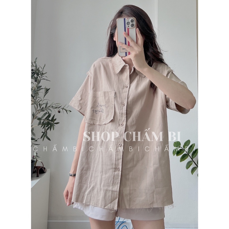 Áo sơ mi basic A.315, Áo sơ mi cộc tay túi ngực chữ thêu SIMPLE THINGS cách điệu - Thời trang nữ Chấm Bi
