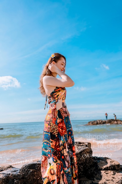 Đầm maxi thổ cẩm ❤️FREESHIP❤️ Váy maxi thổ cẩm đi biển phong cách Quảng Châu