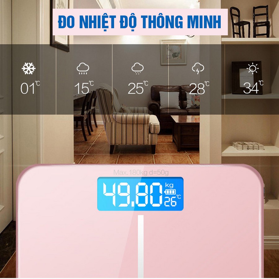 Cân Điện Tử Khỏe Điện Tử Mini Màn Hình LCD Mặt Kính Chịu Lực Tải Trọng 180kg Sạc USB nhiều màu sắc