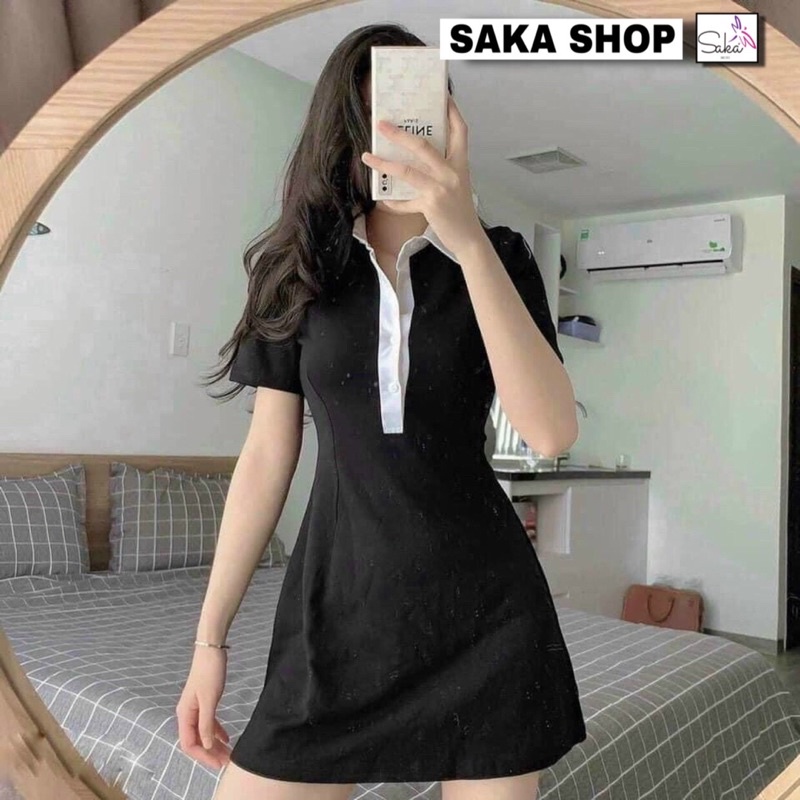 Đầm xoè nữ cổ sơ mi phố màu trắng dễ thương