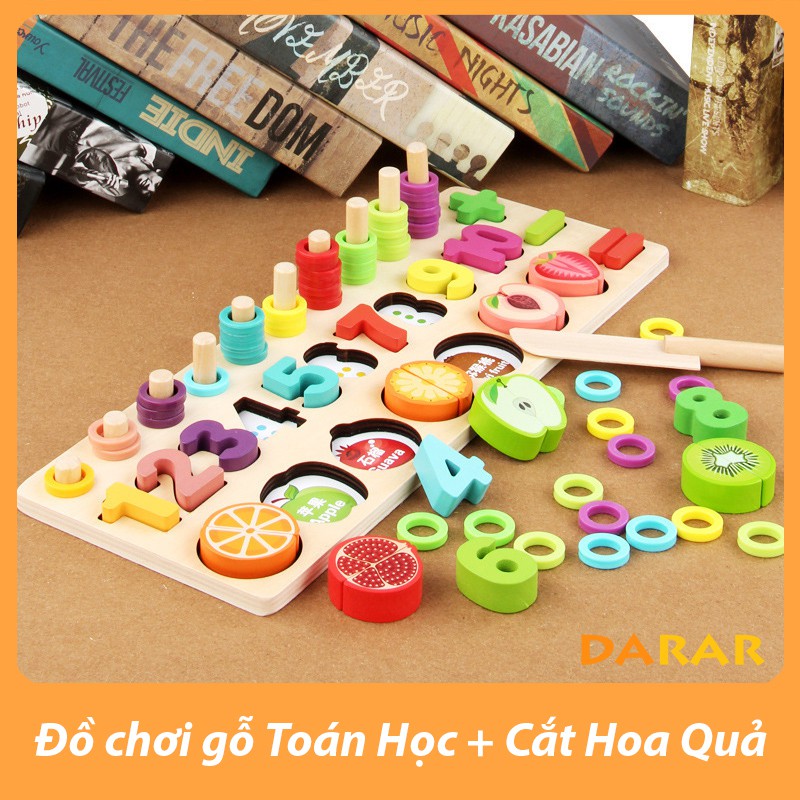 ĐỒ CHƠI GỖ MONTESSORI cột tính TOÁN HỌC kèm CẮT HOA QUẢ - Giáo dục sớm cho trẻ Mầm Non - Hàng loại 1