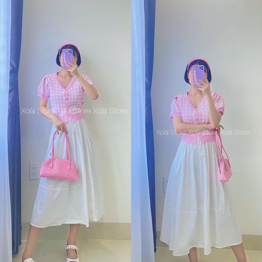Áo Cadigan Nữ Ngắn Tay Mỏng Màu Hồng Siêu Sang Chảnh + Chân váy Midi Qua Gối XOÀI STORE