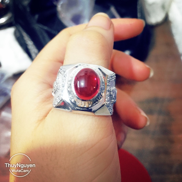 Nhẫn nam đá đỏ nhân tạo đai hình rồng bạc thật xi kim
