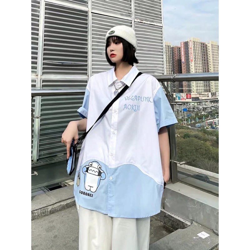 Áo sơ mi hình chú gấu xanh oversize phong cách dễ thương