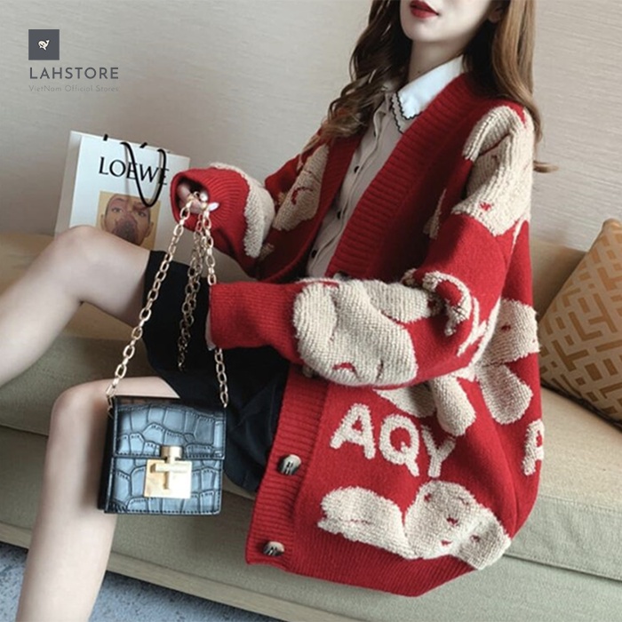 Áo len cardigan nữ form rộng in hình gấu LAHSTORE, chất liệu dày dặn, phong cách Hàn Quốc