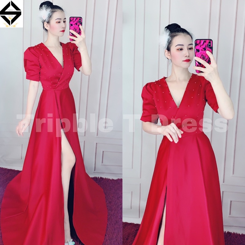 Đầm maxi cưới xẻ đùi kết hạt ngọc thân trên váy chất lụa taffeta dày đẹp TRIPBLE T DRESS - Size S/M/L -MS111Y