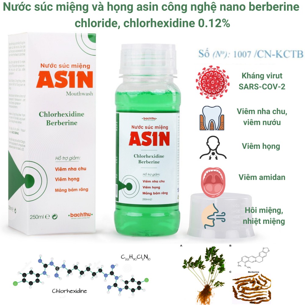 Nước súc miệng ASIN 250ml chứa dược chất thiên nhiên Berberine Chloride