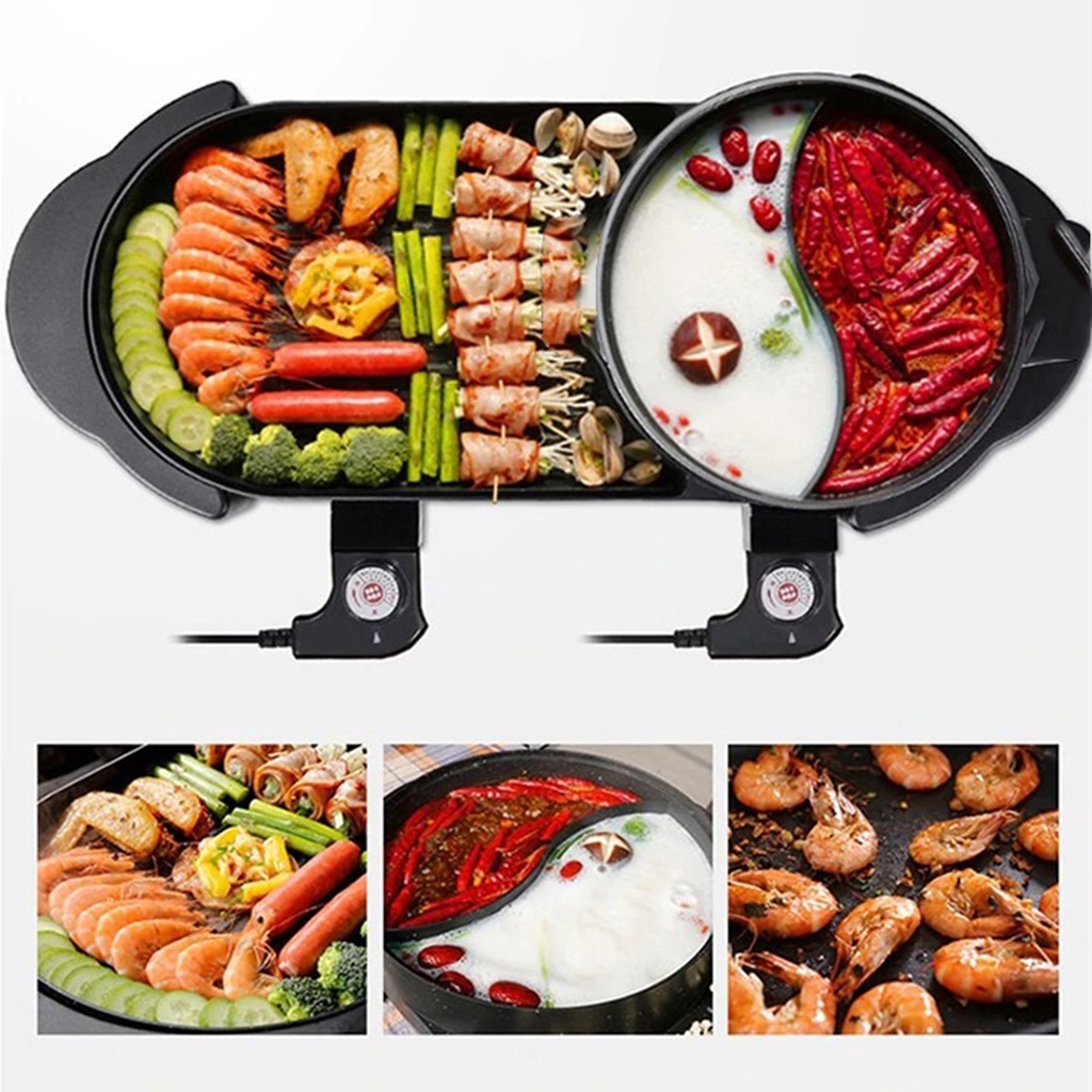 Bếp lẩu nướng 2in1, Nồi Lẩu Nướng BBQ Hàn Quốc, Bếp lẩu nướng điện đa năng không khói tiện dụng