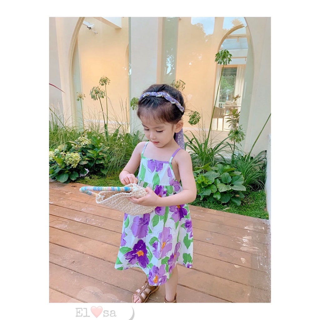 Váy bé gái - Váy 2 dây hoa tím, tim đỏ Vải đũi mềm mát thấm hút mồ hôi siêu xinh cho bé từ 1-5 Tuổi