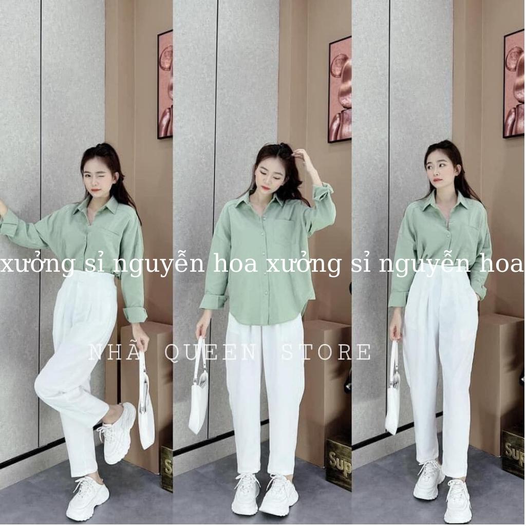 Sét bộ áo sơ mi xanh nhạt kèm quần kaki xuông trắng siêu hot phong cách hàn quốc trẻ trung năng động Xưởng Sỉ Nguyễn Hoa