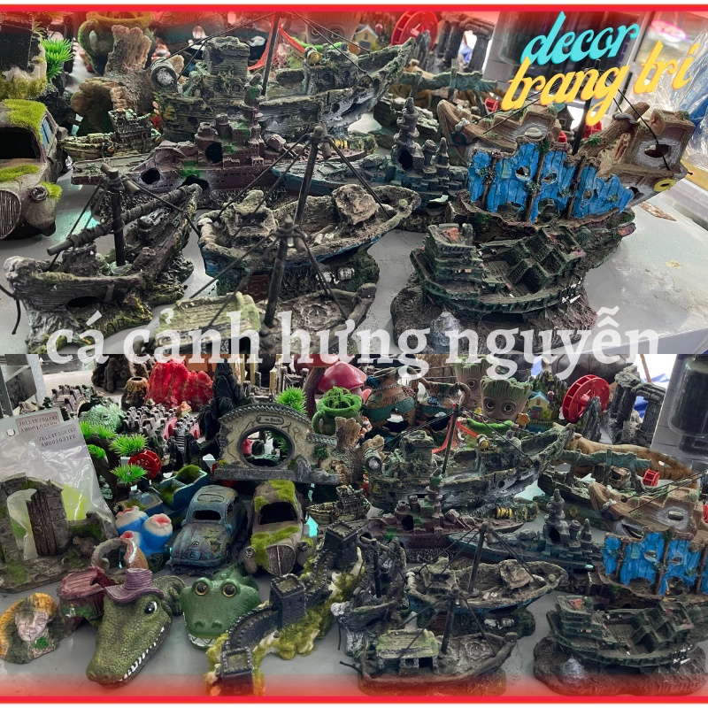 Các mô hình dùng trang trí hồ cá : nhà cổ, thuyền ,cột la mã,thác nước, cây