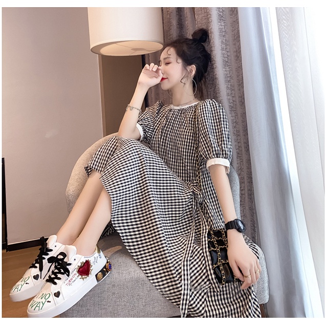 Đầm Tay Ngắn Cổ Tròn Họa Tiết Kẻ Sọc Phong Cách Hàn Quốc Thời Trang Mùa Hè Mới Cho Nữ