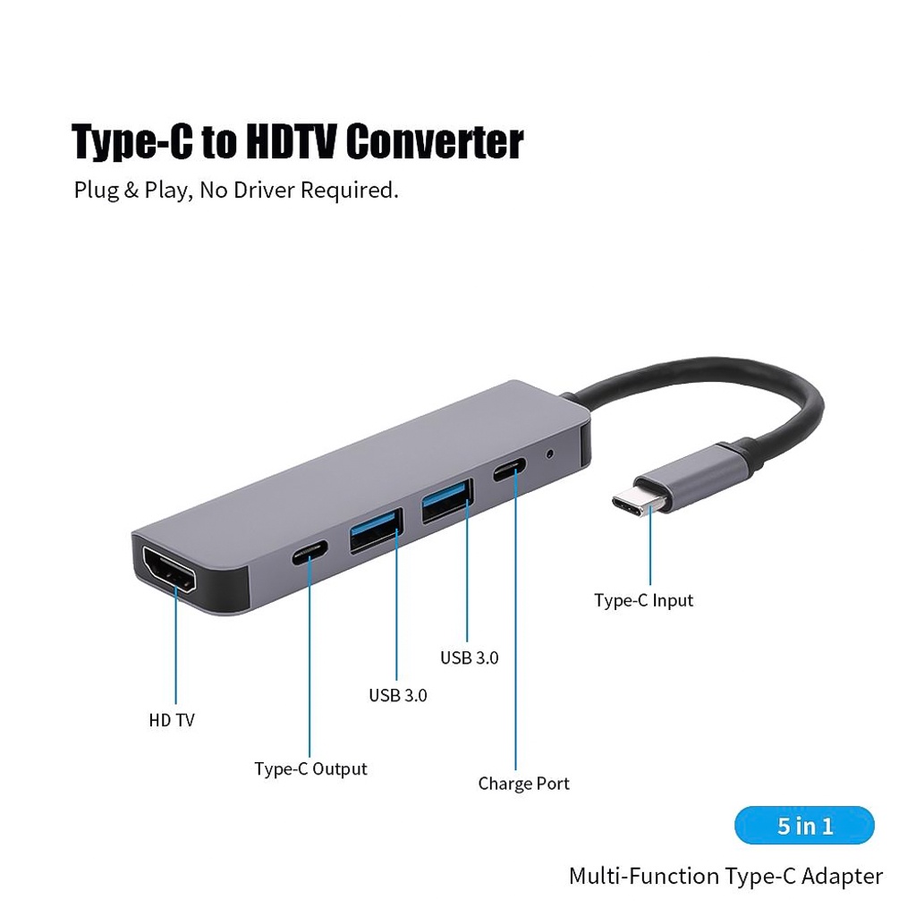 Bộ thiết bị Hub Cổng chia chuyển đổi đa năng USB Type-C 5 in 1 sang 5 Cổng HDMI 4K 60Hz/ USB 3.0/ Type-C/ PD -dc4825