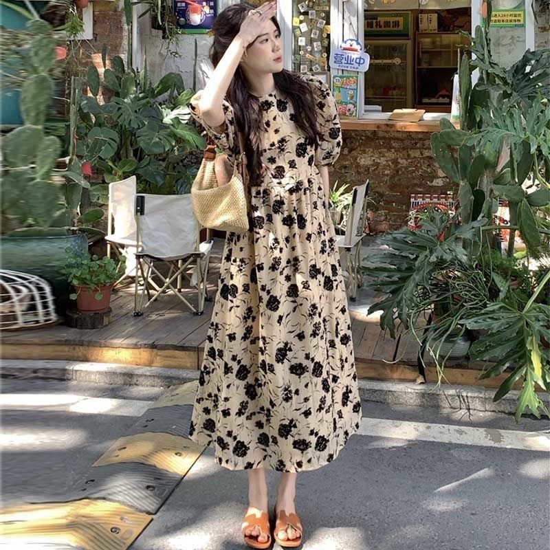 Đầm Dài Đến Gối Tay Phồng In Họa Tiết Hoa Phong Cách Retro Thời Trang Mùa Hè Mới