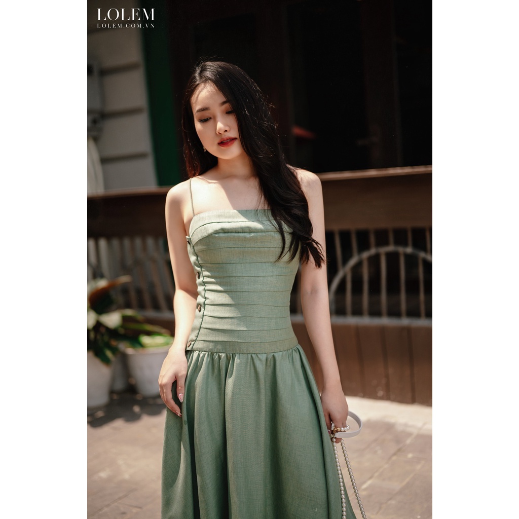 Đầm xòe Tafta sồi hai dây thân xếp nút gỗ LOLEM CLOTHING- DX286