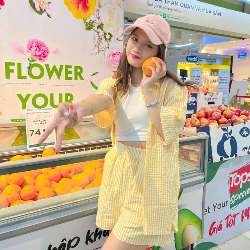 Minipie - Set Bộ Sơ Mi Sọc Tay Ngắn Kèm Quần Short Lưng Chun Có Lót Chất Liệu Xốp Cotton Màu Xanh Lá Hồng Vàng Xanh Biển | BigBuy360 - bigbuy360.vn