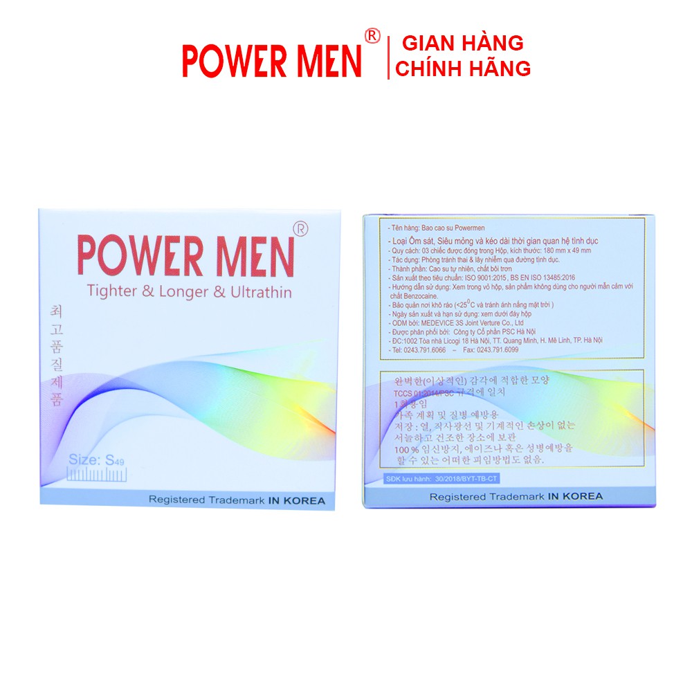 Bao cao su Powermen Tighter &amp; Longer &amp; Ultrathin Ôm sát Siêu mỏng, Kéo dài Hộp 3 chiếc (TSU3)