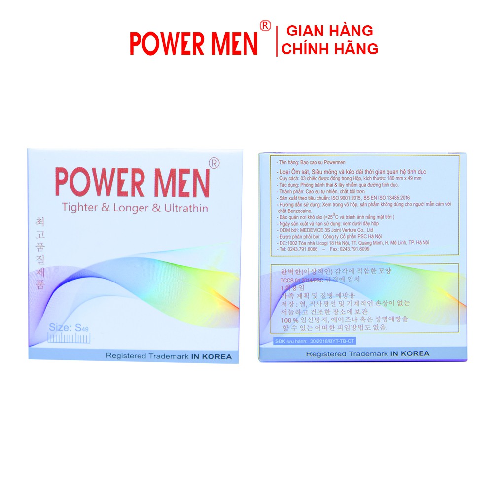 Bao cao su Powermen Tighter & Longer & Ultrathin Ôm sát Siêu mỏng, Kéo dài Hộp 3 chiếc (TSU3)