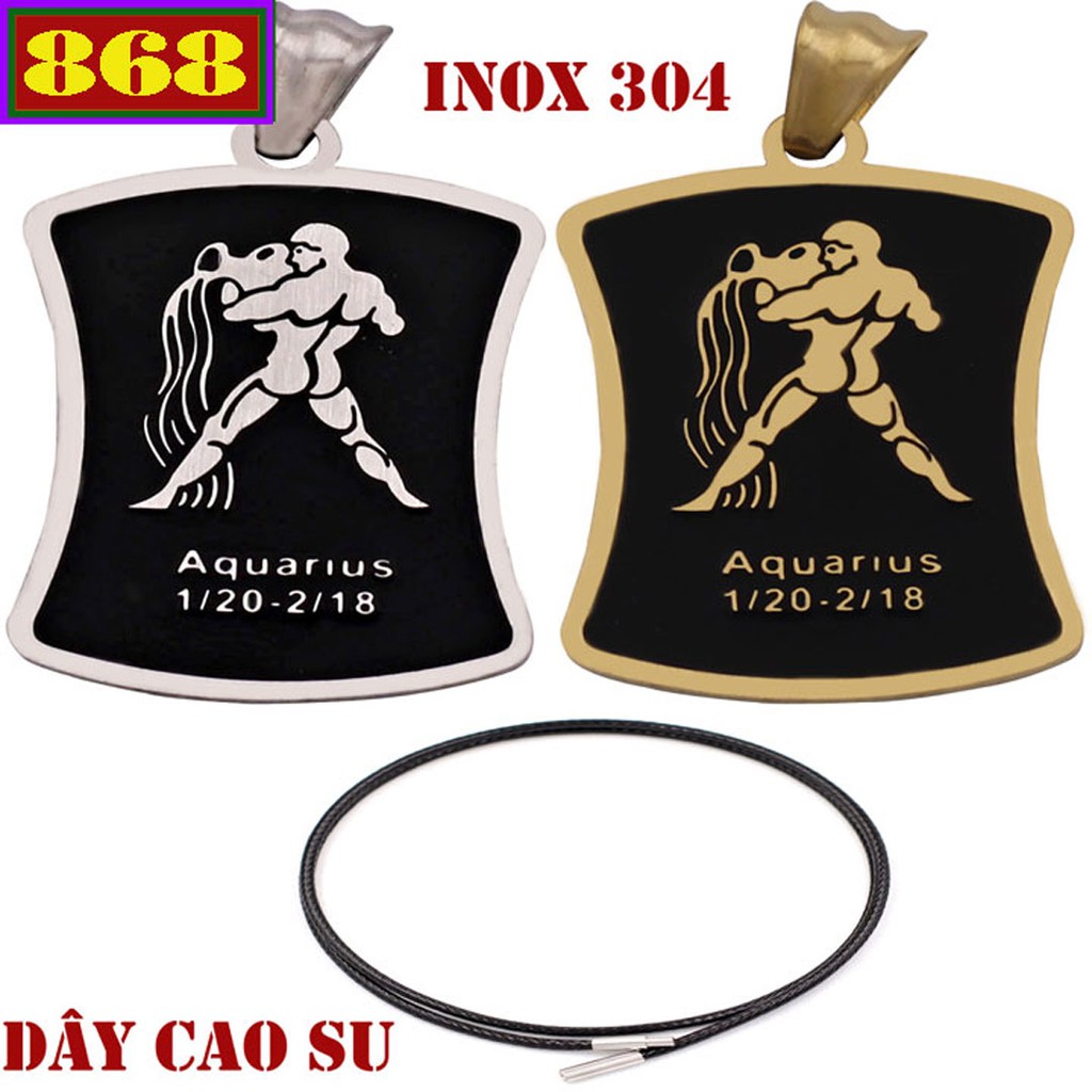 Dây chuyền mặt cung Bảo Bình inox - 12 cung Hoàng đạo - Dây cao su đen VCSECBBT