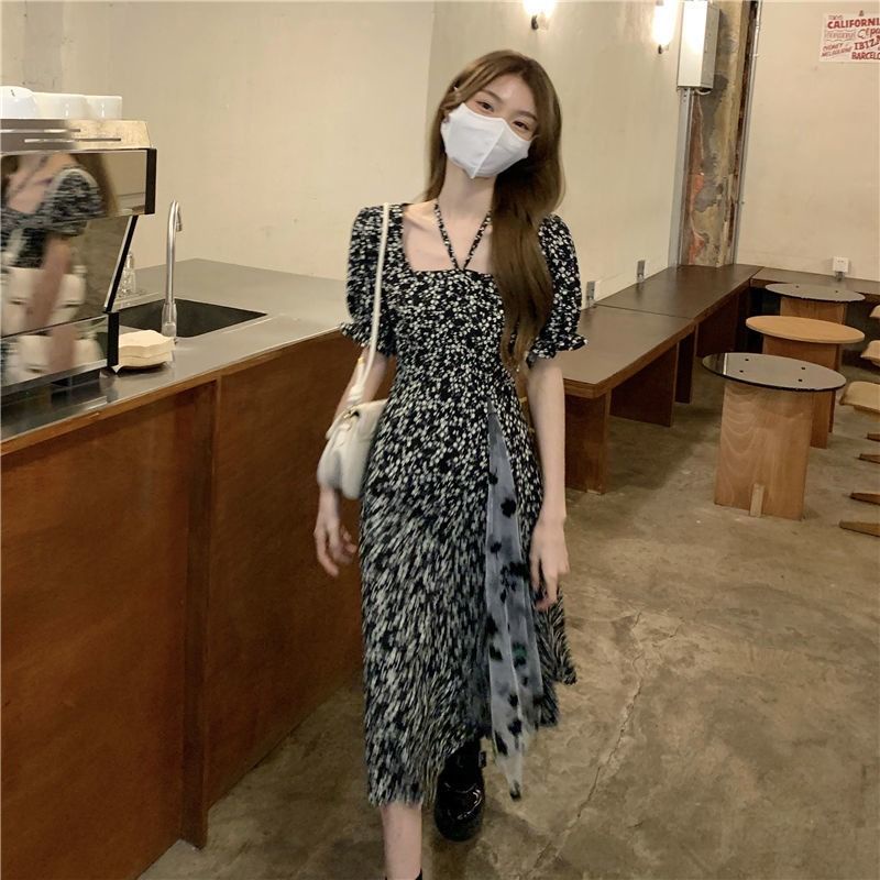 Đầm Hoa Tay Ngắn Cổ Vuông Thời Trang Trẻ Trung 182477 Đầm Chữ a Dài Tay Phối Lưới Thời Trang Hàn Quốc