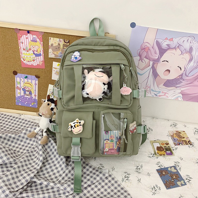 Balo học sinh kính vuông chống nước, ulzzang basic đi học đi chơi, tặng kèm gấu và sticker ngẫu nhiên