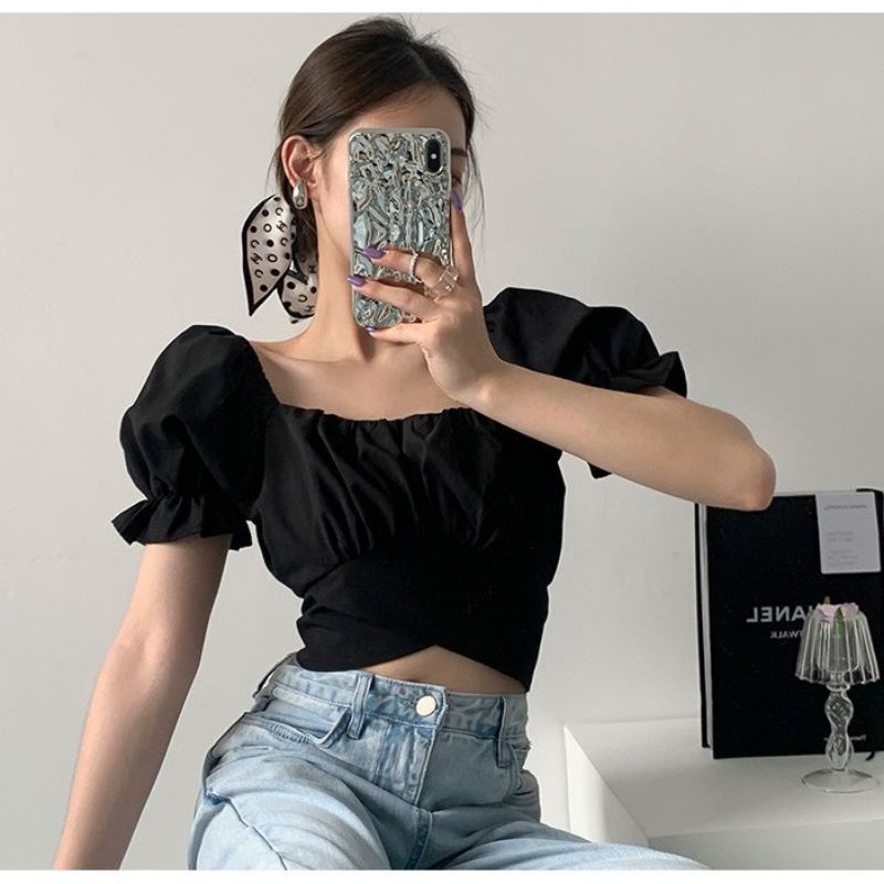 Áo Croptop Voan Ngắn Tay MIRA.CLOSET Bồng Bềnh Nhún Ngực Phối Nơ Lưng Siêu To A5170