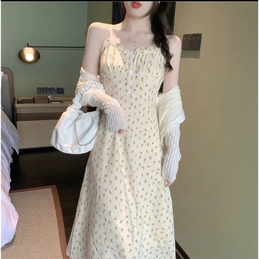 Váy 2 dây nữ hoa nhí dáng dài hàng QC cao cấp loại 1, Set váy hoa nhí 2 dây kèm áo Cardigan mặc đi biển bao xinh